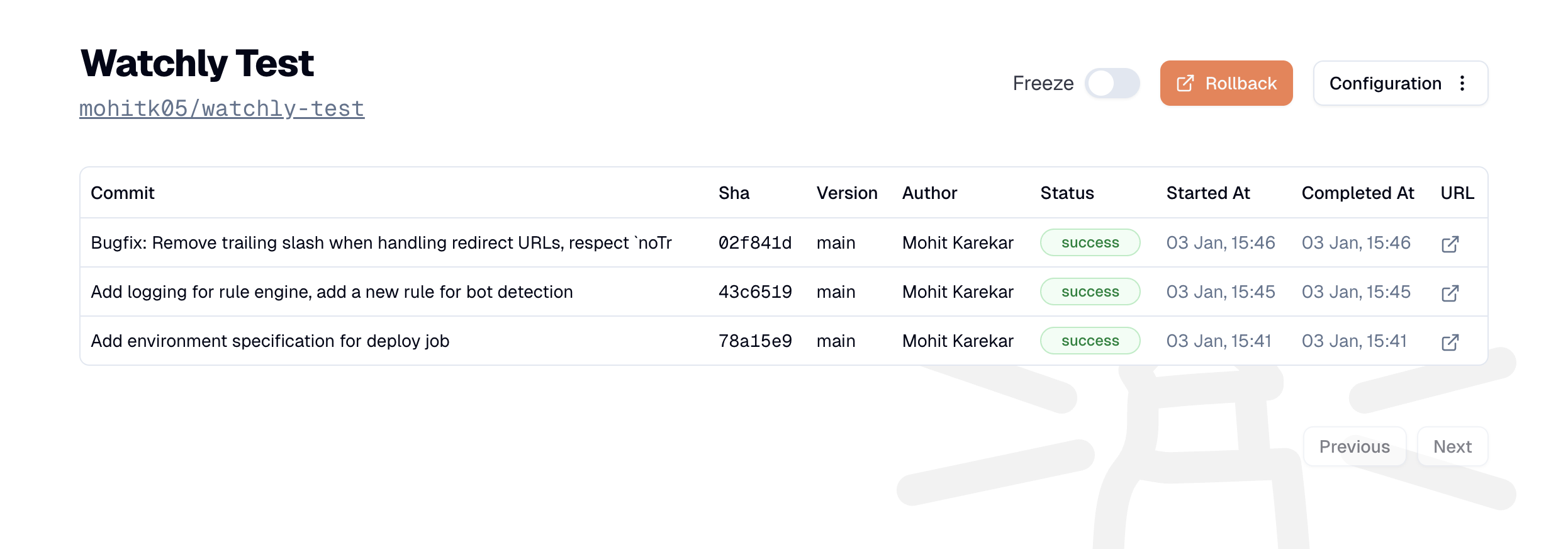 Watchly deployments view