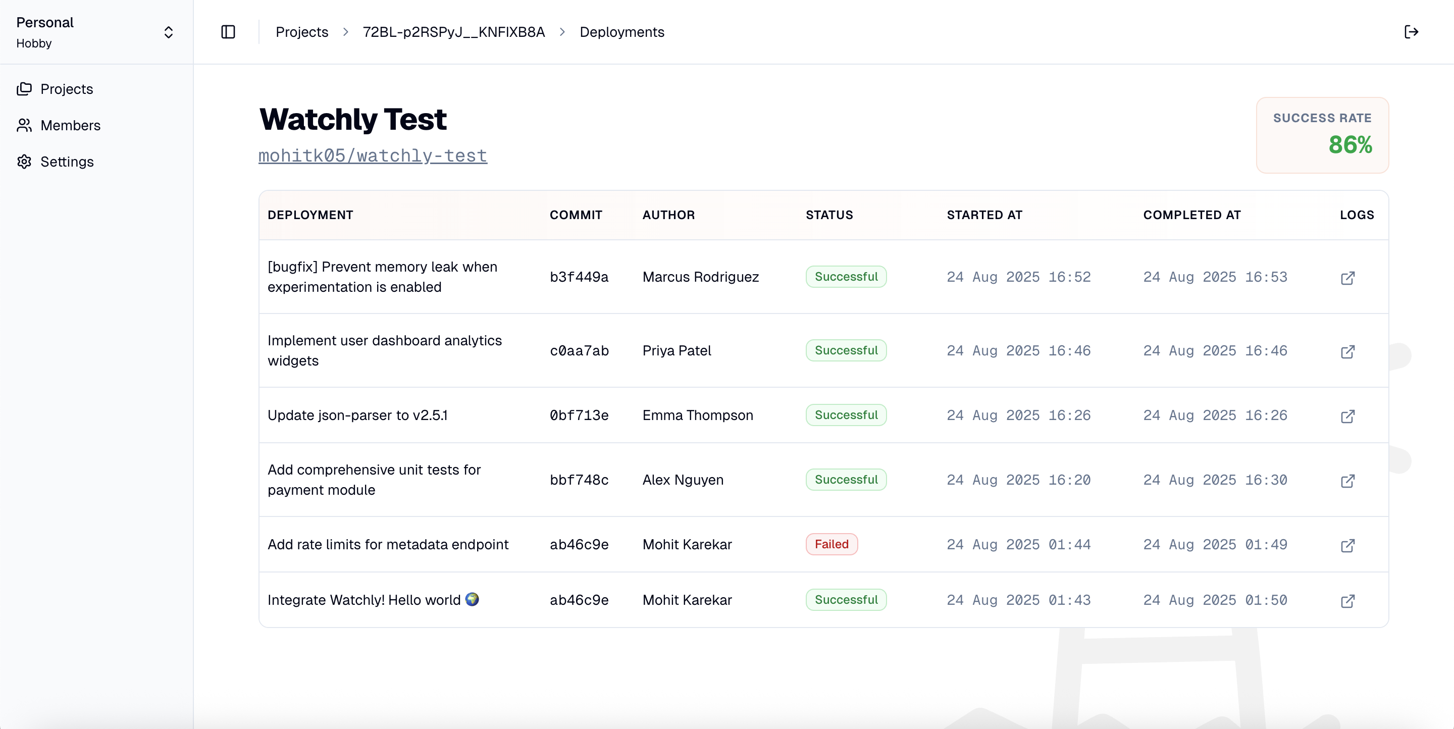 Watchly deployments view